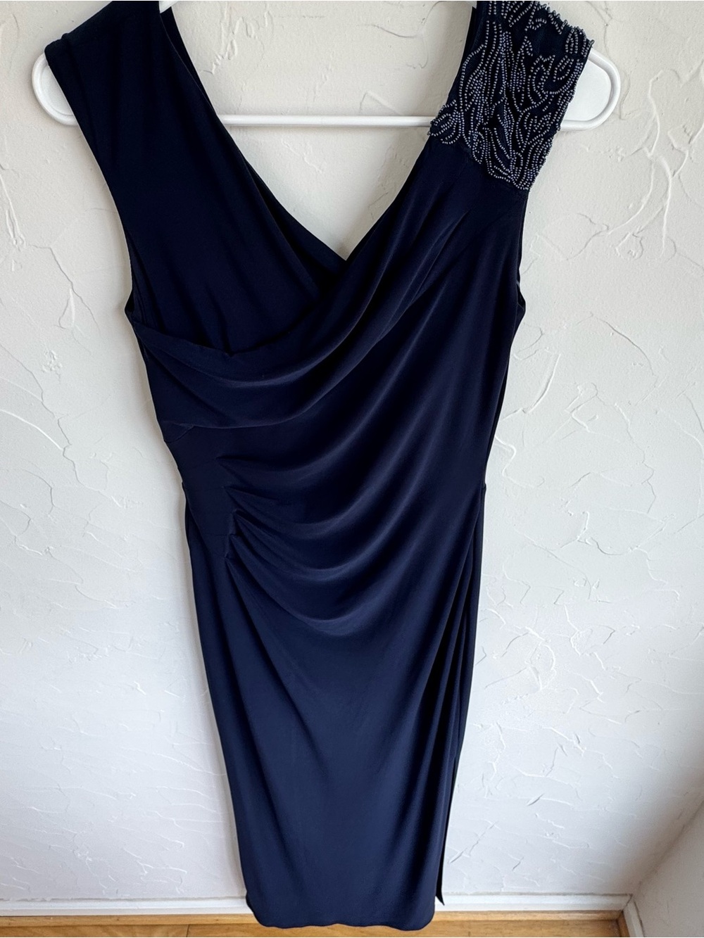 Navy Ralph Lauren Beaded Shoulder Ruched Maxi Dress Size 6 Formal Wedding Guest